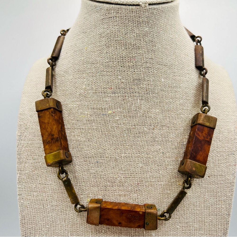 Vintage brutalist TRIKA 16” brass and wood block bead necklace - Picture 2 of 13